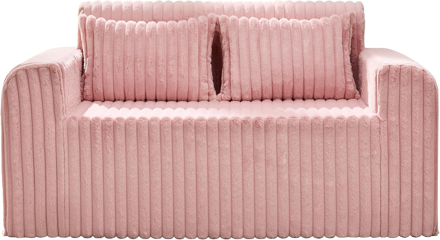 Hobestluk Couch Sofa 2-Seater Foam Sofa Loveseat for Small Spaces Comfy Sofas with Removable Cover Furry Couch with Pillows for Living Room, Bedroom, Apartment, Office (Pink, Loveseat)