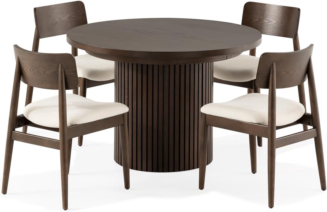 Transformer Table - Solid Wood Extendable Round Dining Table Set with 4 Chairs, Seats 4-10, Extendable Round Dining Set, Dark Brown (Table + 4 Chairs)