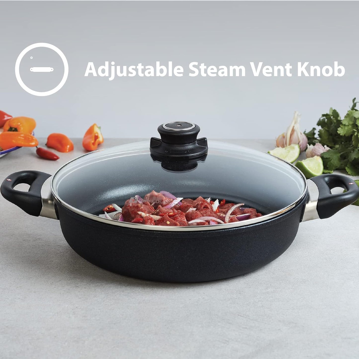 Swiss Diamond Braiser Pan with Lid, Features Double Handles, Nonstick Diamond Coated Braising Pan with Lid Oven Safe & Dishwasher Safe, 12.5", 7.2 Quart, Grey