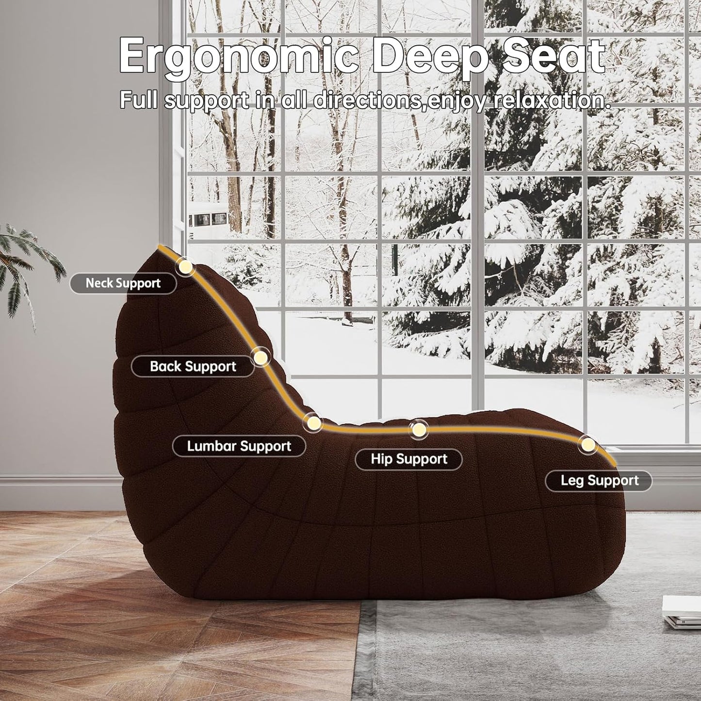 WHGBJA Bean Bag Chairs for Adults, BeanBag Reading Chair Memory Foam Couch 3-Seater, Floor Chair Soft Teddy Material, Comfy Reading Nook Chairs for Bedroom Living Room Office (Brown)