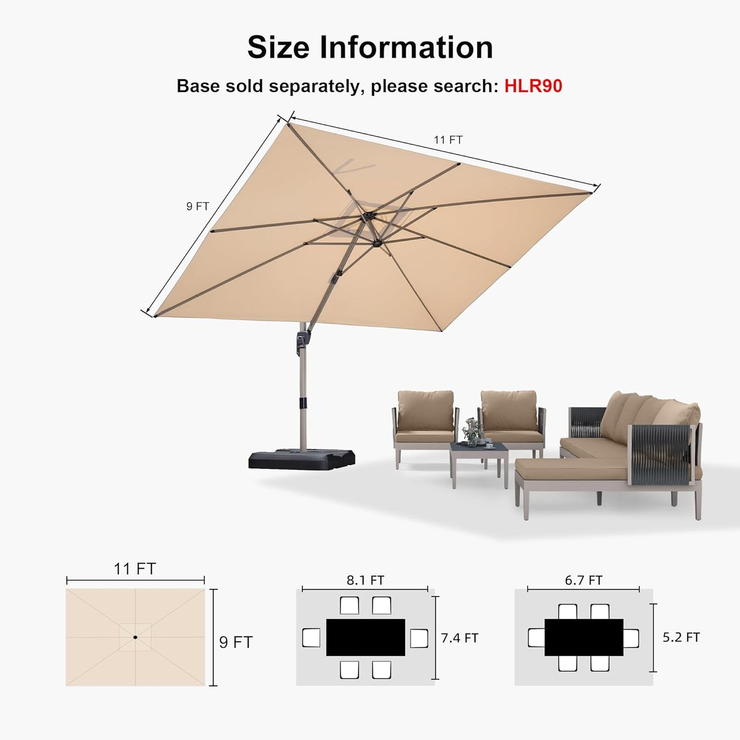 PURPLE LEAF 9' X 11' Patio Umbrella, Rectangle Outdoor Cantilever Umbrella, Aluminum Offset Umbrella with Champagne Frame and 360° Rotation for Pool Deck Garden, Beige
