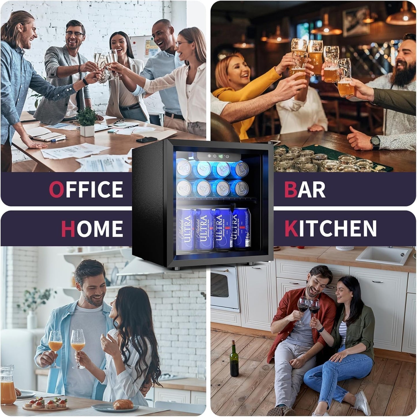 Icyglee 48 Can Beverage Refrigerator Cooler, Mini Fridge Glass Door with Adjustable Shelves, Freestanding Beverage Fridge with Blue LED for Home/Office/Dorm/Bar, 1.3 Cu.ft
