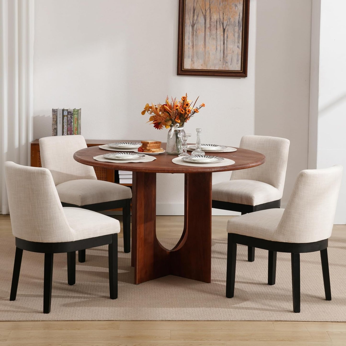 RIVOVA Modern Dining Chairs Set of 2 Comfortable Dining Room Chairs with Back, Linen Fabric Upholstered Kitchen Side Chair with Black Wood Legs for Living Room, Beige