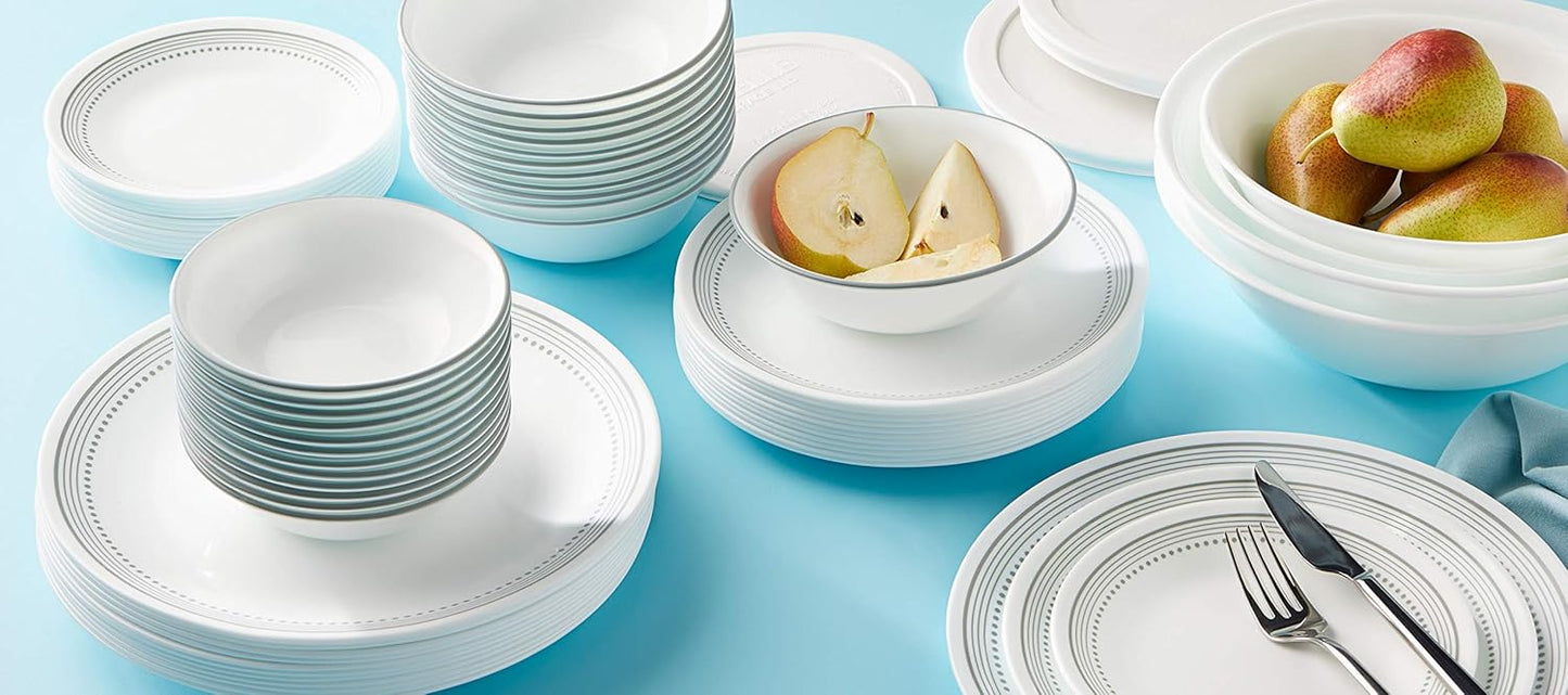 Corelle Vitrelle 78-Piece Service for 12 Dinnerware Set, Triple Layer Glass and Chip Resistant, Lightweight Round Plates and Bowls Set, Mystic Gray