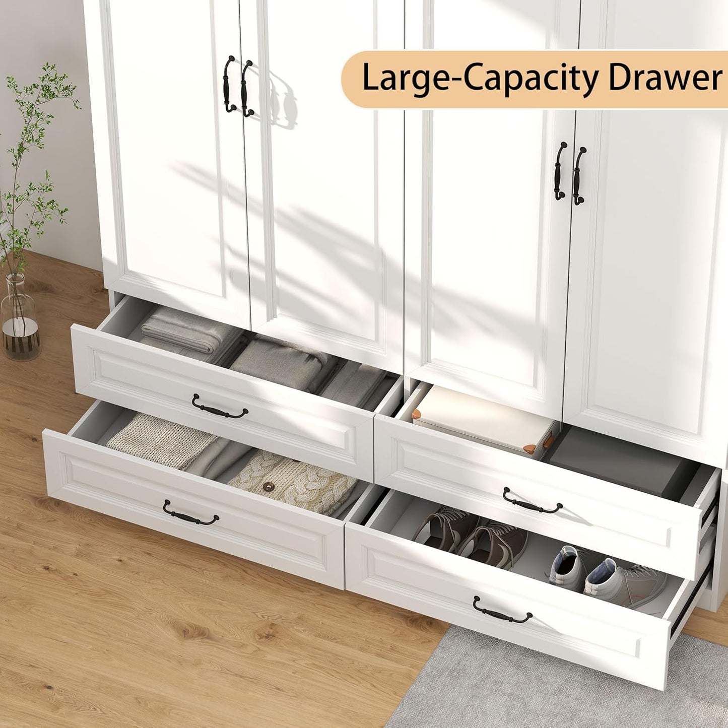 White Armoire Wardrobe Closet with Drawers: Bedroom Armoires with Hanging Rod, Wooden Closet Cabinet for Hanging Clothes, Tall Wardrobes Closets with Doors and Shelves (63")