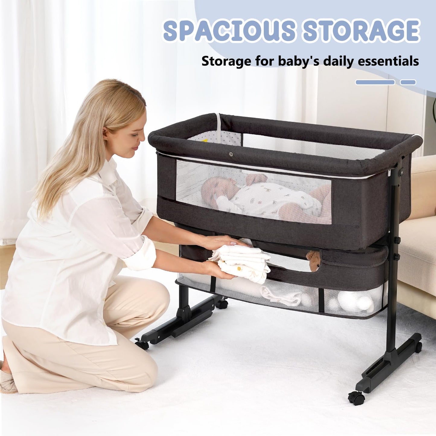 SEMPHIS Baby Bassinet 3 in 1 Bedside Sleeper with Wheels