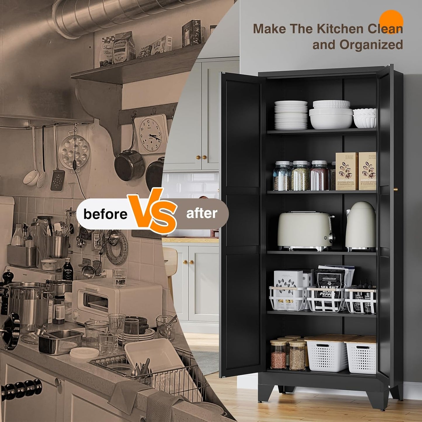 Yizosh Metal Pantry Cabinet, 75" Kitchen Pantry with 2 Door and 4 Adjustable Shelves,Black Metal Pantry Storage Cabinet,Cupboard for Kitchen,Dining Room,Living Room and Bathroom