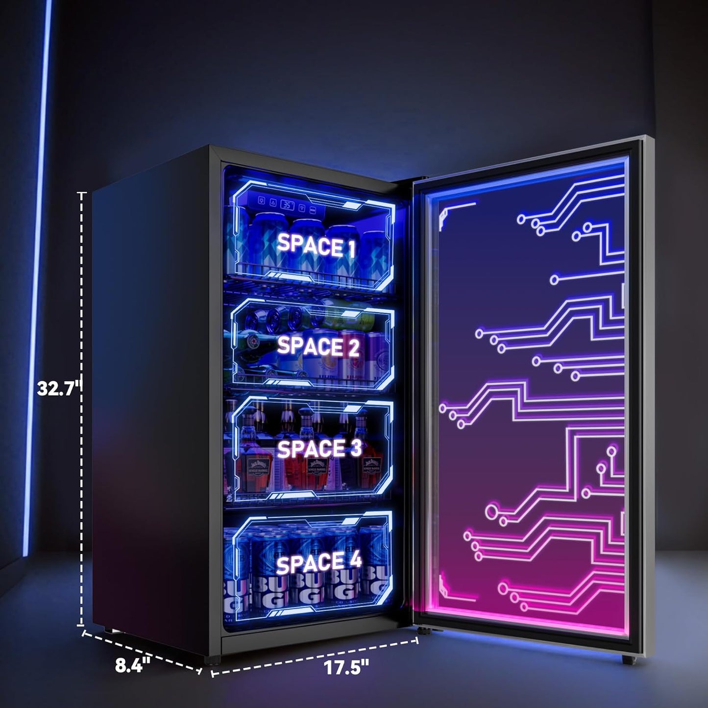 Manastin Gaming Light Up Beverage Refrigertor, Led Lighting Door 120 Cans Freestanding Beverage Fridge, Cyberpunk Beverage Cooler for Gaming, Gaming Room, Bar, Party (Lighting)