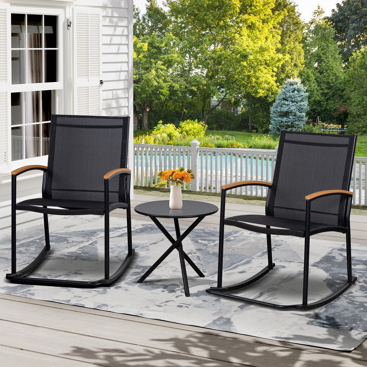 SHINTENCHI 3 Piece Outdoor Rocking Bistro Set - Black Patio Furniture
