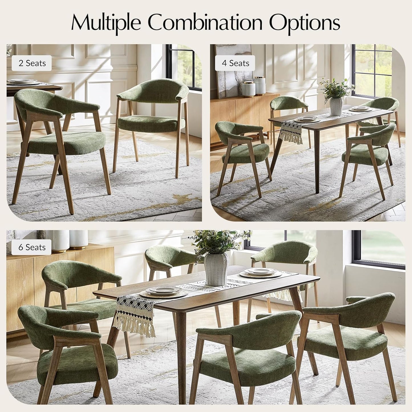 HULALA HOME Mid-Century Modern Dining Chairs Set of 4, Green Wooden Upholstered Kitchen Chairs with Armrest, Curved Backtrst & Wood Legs Armchairs Accent Chairs for Dining Living Room - Moss