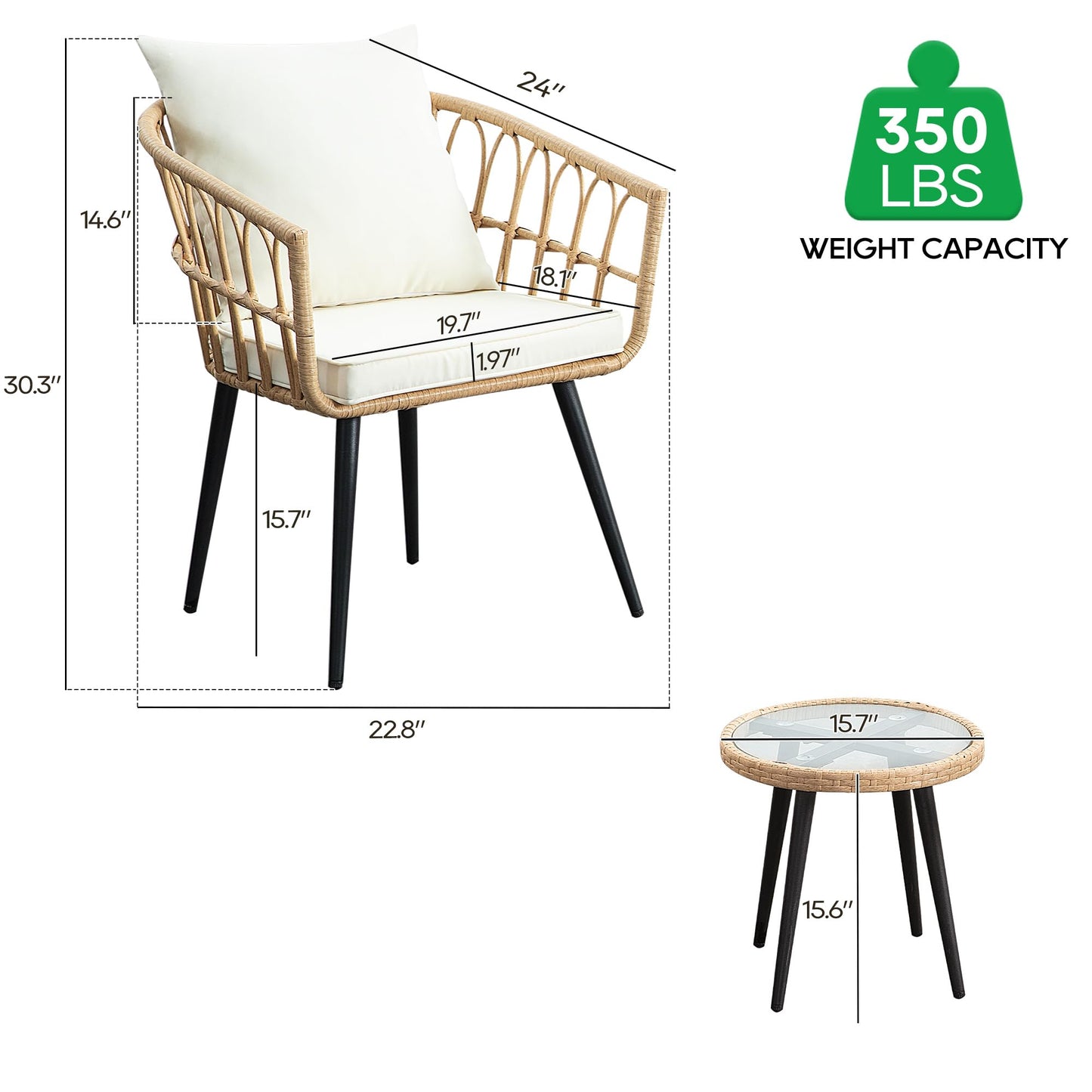 PORWEY 3 Piece Outdoor Wicker Bistro Set for Patio