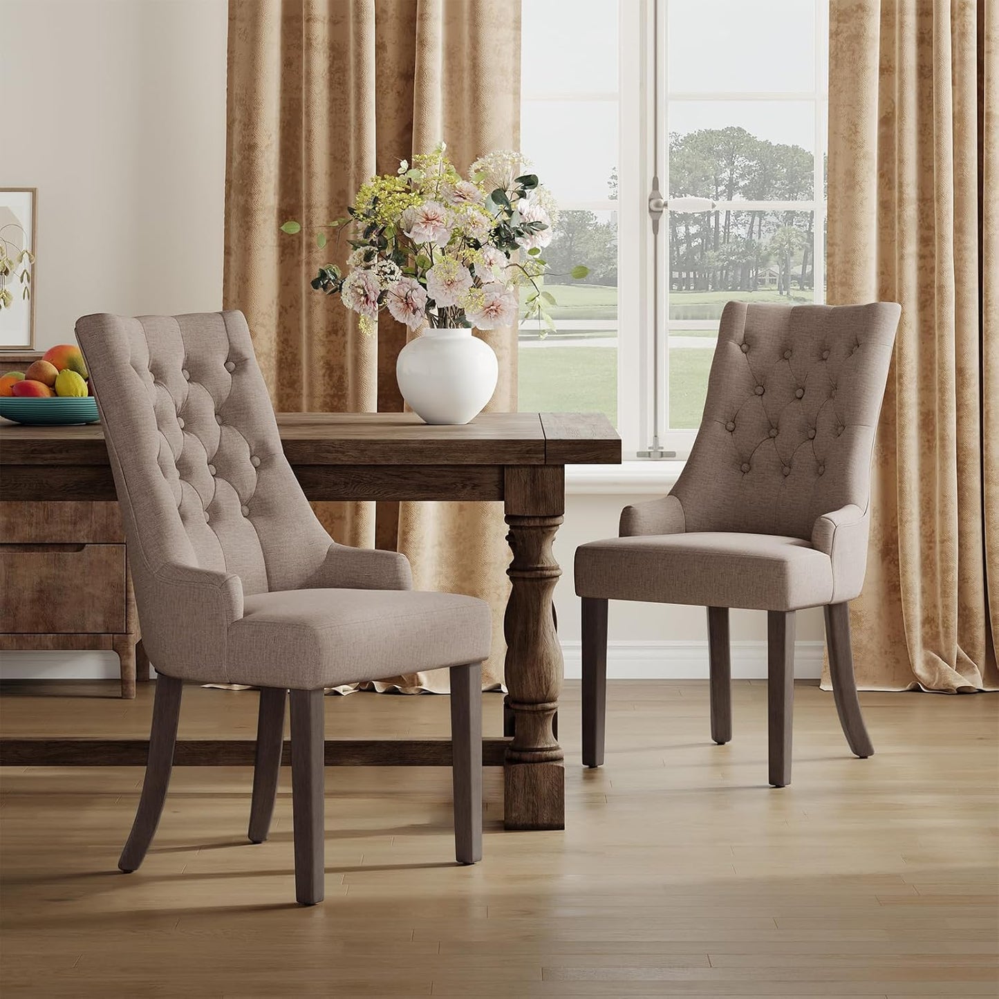 COLAMY Wingback Upholstered Side Dining Room Chairs Set of 6, Fabric Dining Chairs with Tufted Button, Living Room Chairs for Home Kitchen, Taupe