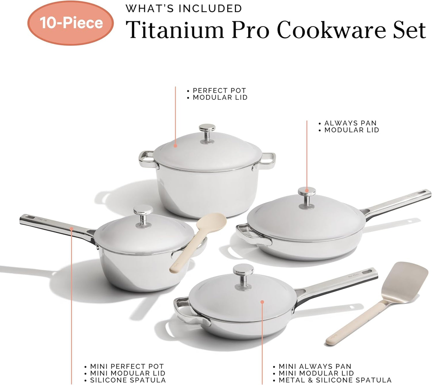 Our Place Titanium Pro Cookware Set | 10-Piece Pots and Pans Set with Always Pan Pro, Perfect Pot Pro & Minis | Non-Toxic No-Coating Nonstick | Induction & Oven-Safe up to 1000°F | Chrome