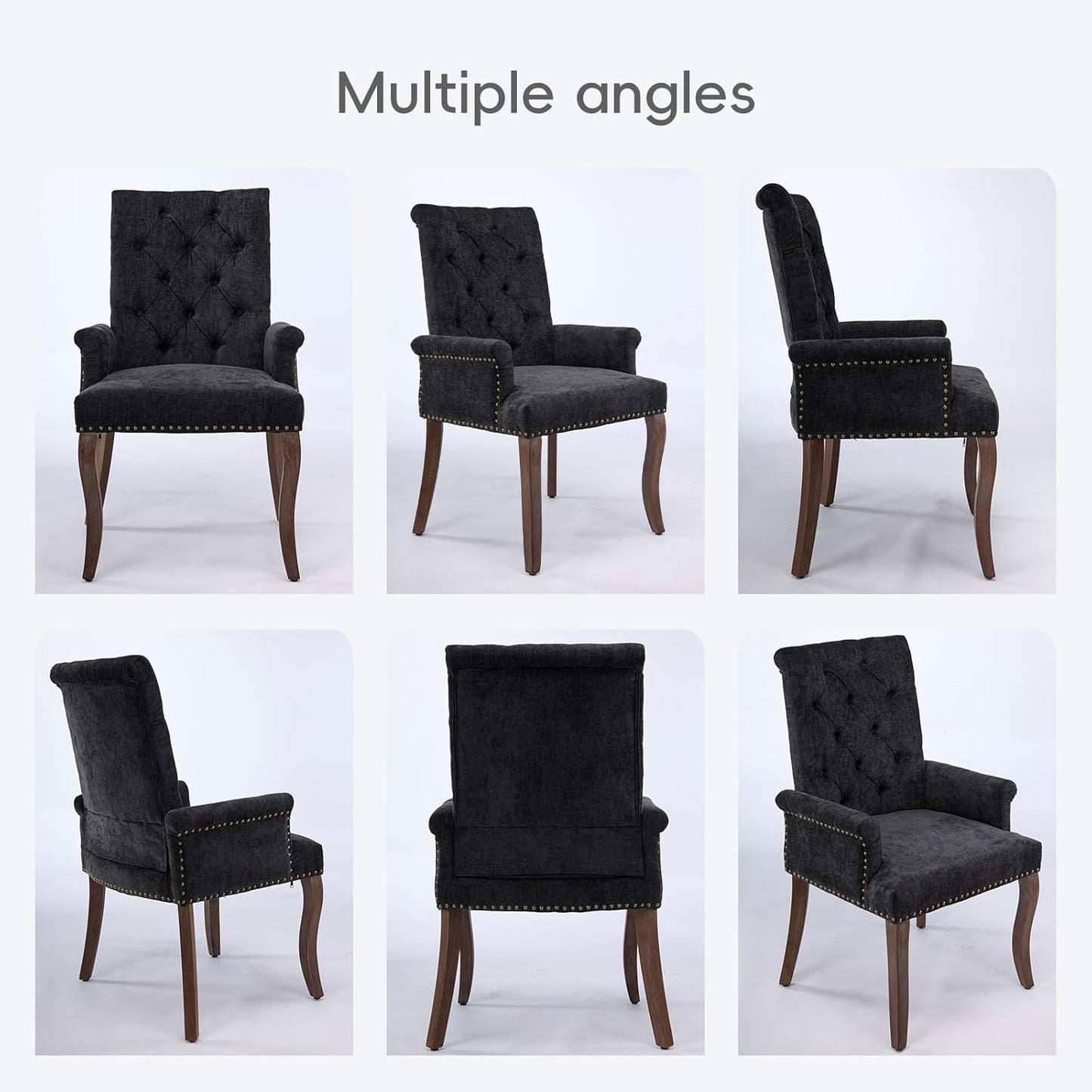 Upholstered Tufted Chenille Dining Chairs with Arms & Nailhead Trim – Solid Wood Frame & Legs, Modern Farmhouse for Dining, Kitchen & Living Room (Set of 6, Charcoal Gray)