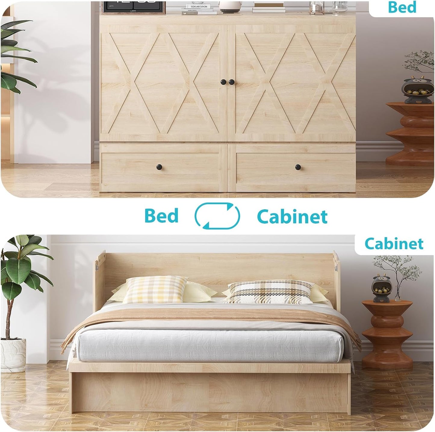 CECER Queen Size Murphy Bed with Tri-Folding Mattress .Murphy Bed with Charging Station and Two Large Storage Drawers for Small Spaces/Bedroom(Natural Wood)-Mattress Include