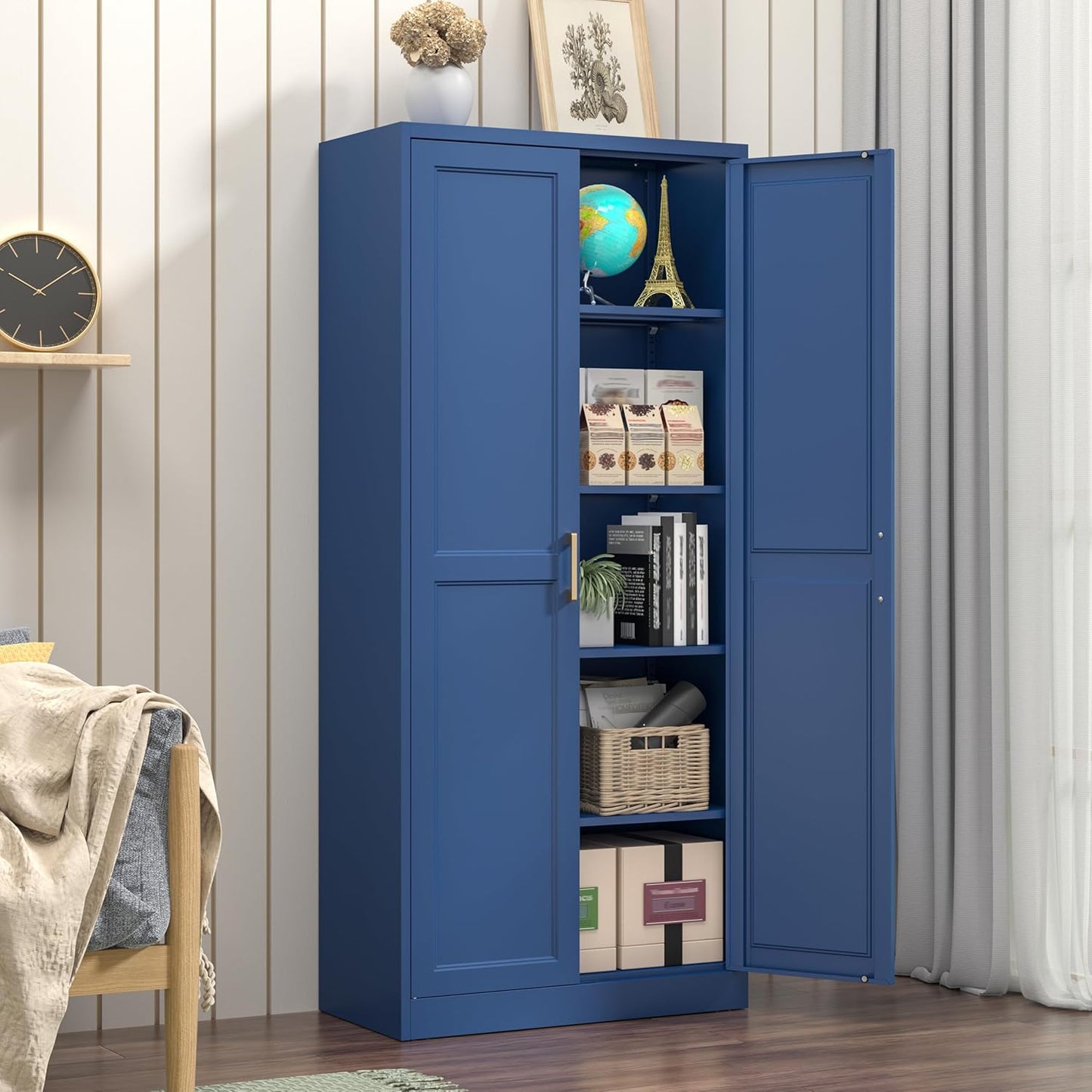 Polup Kitchen Pantry Cabinet, 71 Inch Tall Metal Pantry Cabinet with Doors and Adjustable Shelves, Freestanding Food Cupboard, Storage Cabinets for Dining, Living Room, Navy Blue, Assemble Required