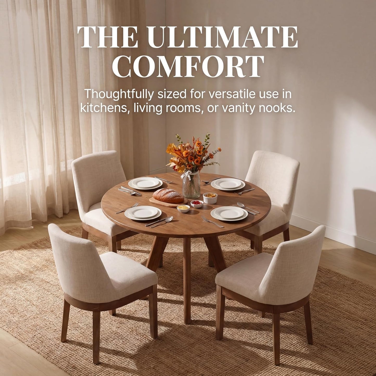 RIVOVA Modern Dining Chairs Set of 2 Comfortable Dining Room Chairs with Back, Linen Fabric Upholstered Kitchen Side Chairs with Natural Wood Legs for Living Room, Beige