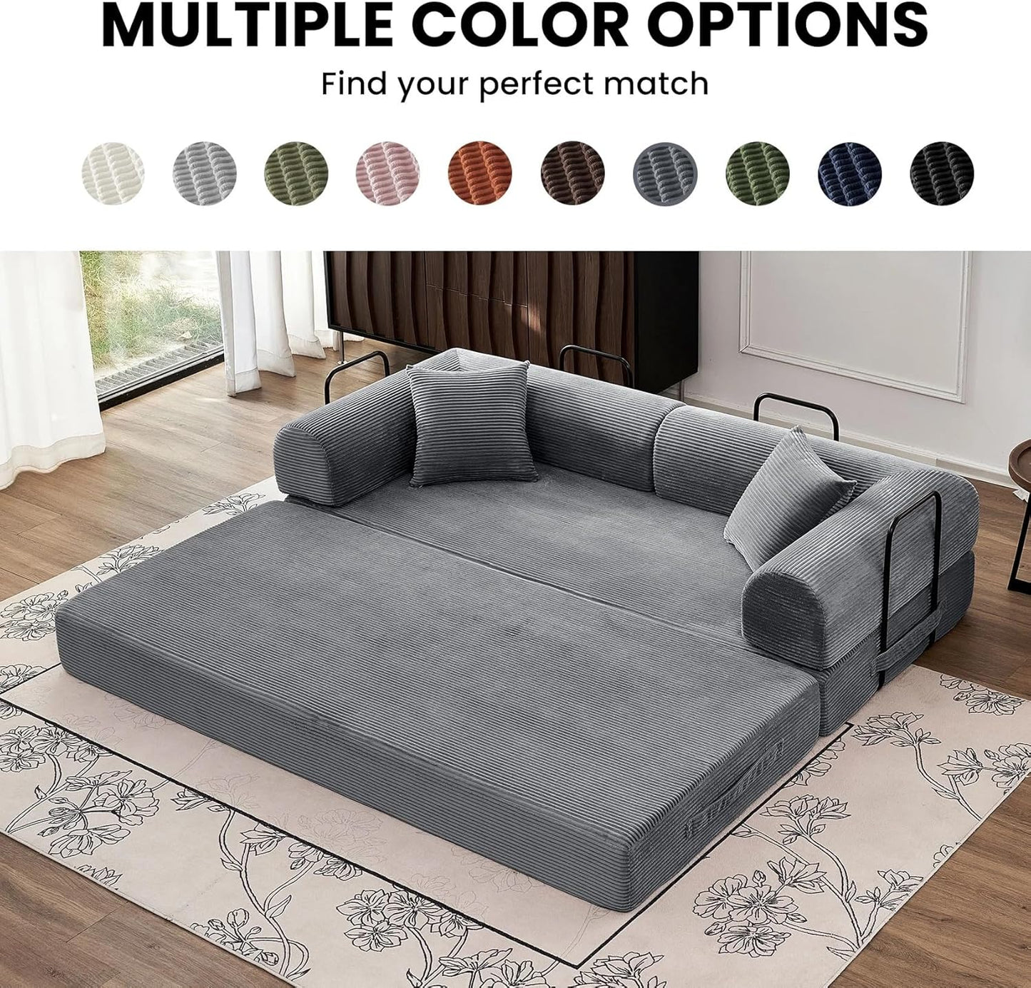 79'' Convertible Couch Bed, 5 in 1 Modular Floor Sofa, Folding Sleeper Couch with Pull Out Bed and Cushions, Corduroy Sofa for Small Spaces Living Room Bedroom Apartment Guest Room (Dark Gray) | No Assembly, Convertible Sofa, Space-Saving