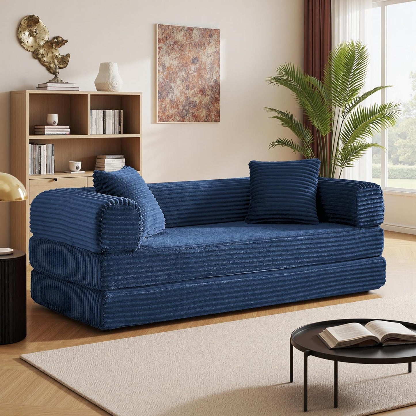 Boneless Couch Versatile Couches for Living Room No-Install Sofa Bed Corduroy Futon Soft Cloud Couch with Pillows for Bedroom Game Movie (Dark Blue, 76")