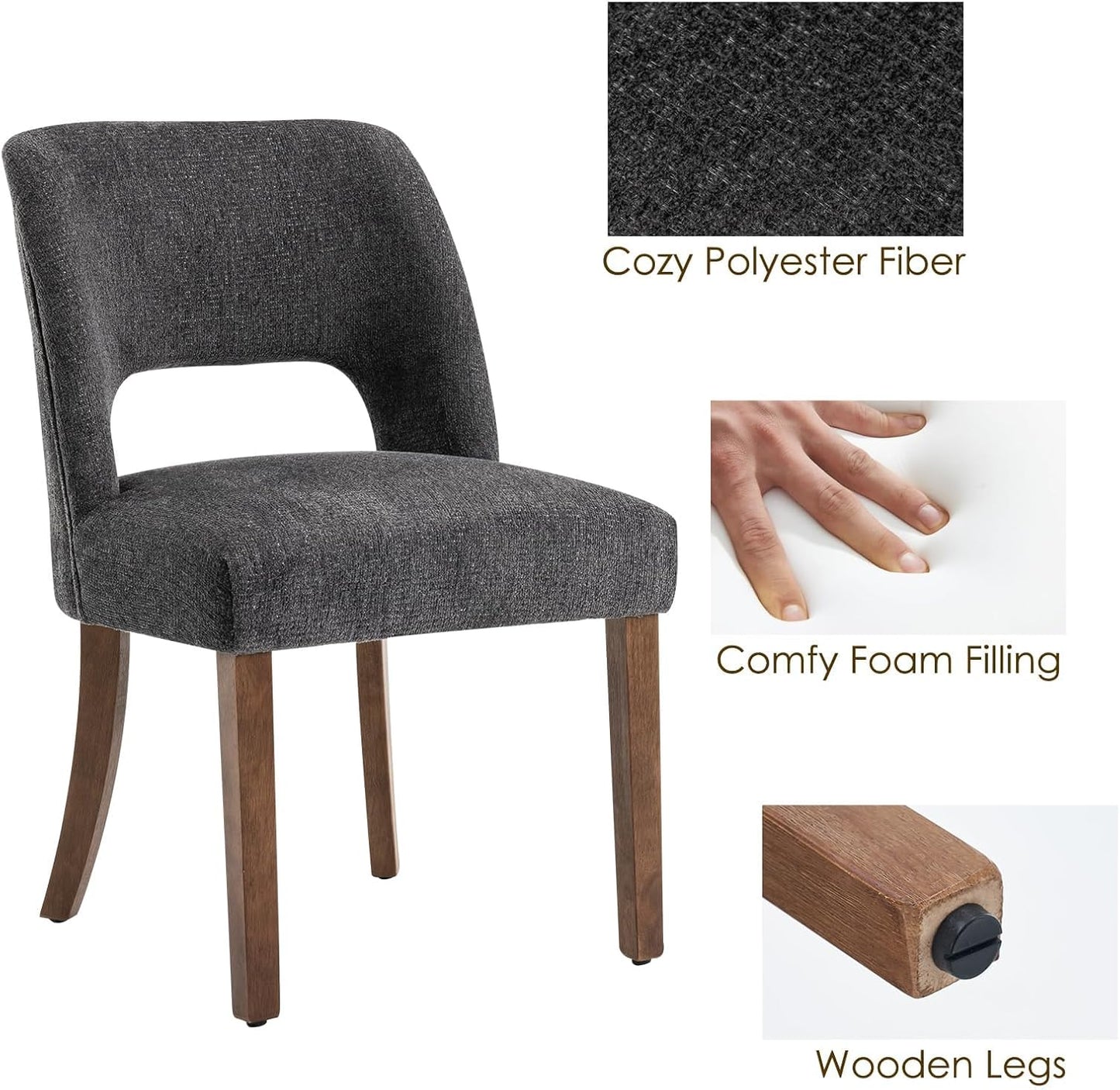 VKNOW Wooden Dining Chairs Set of 6, Modern Fabric Upholstered Dining Room Chair Kitchen Chairs, Farmhouse Dinner Chair for Kitchen Dining Room, Charcoal