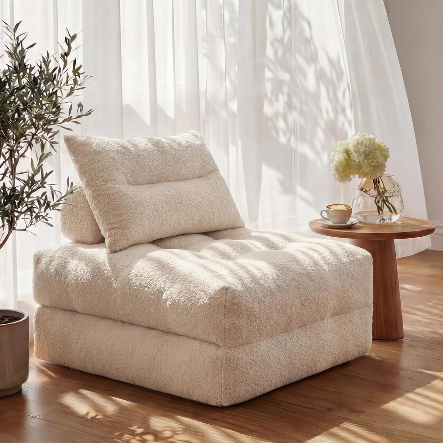 MONVANE Folding Sofa Bed, Fold Out Chair Bed with Pillow, Convertible Sleeper Chair for Living Room/Small Spaces, Foldable Lazy Sofa Bed Floor Chair, Comfy Teddy Velvet Couch Bed, Beige