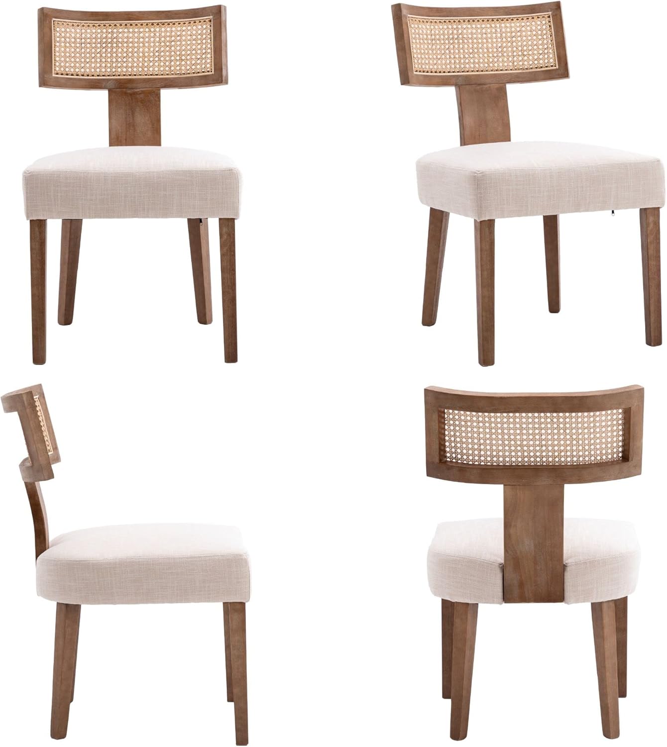 RIVOVA Rattan Dining Chairs Set of 6, Modern Dining Chair Kitchen Dining Room Chairs, Curved Cane Back Upholstered Linen Fabric Dining Chair with Wood Frame, Beige