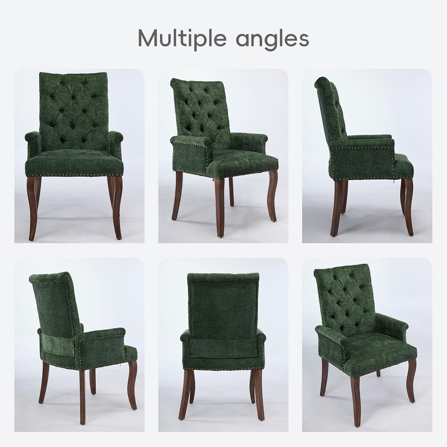 Upholstered Tufted Chenille Dining Chairs with Arms & Nailhead Trim – Solid Wood Frame & Legs, Modern Farmhouse for Dining, Kitchen & Living Room (Set of 6, Olive Green)