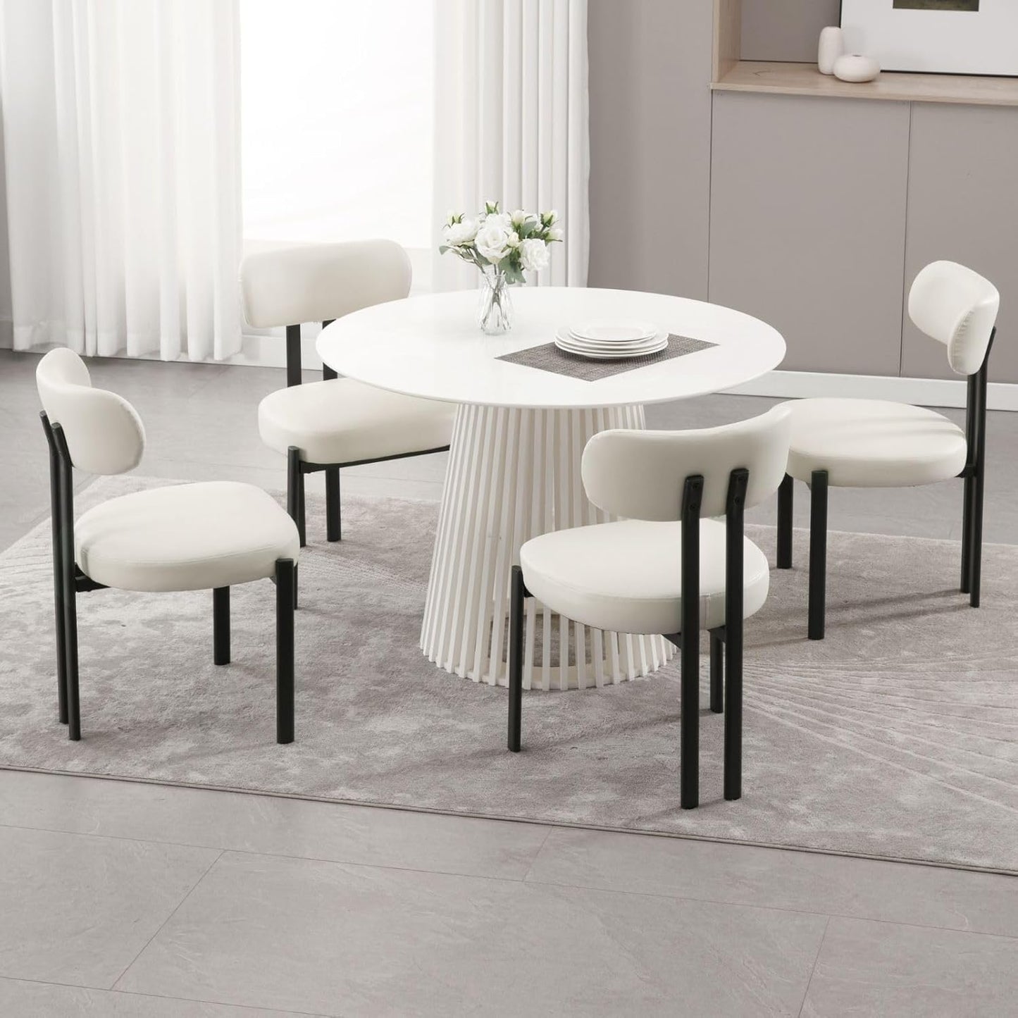 LukeAlon Faux Leather Dining Chairs Set of 6, Modern Curved Back Armless Kitchen Chairs with Black Metal Legs Upholstered Dining Room Chairs Reception Guests Chair for Restaurant Office, White
