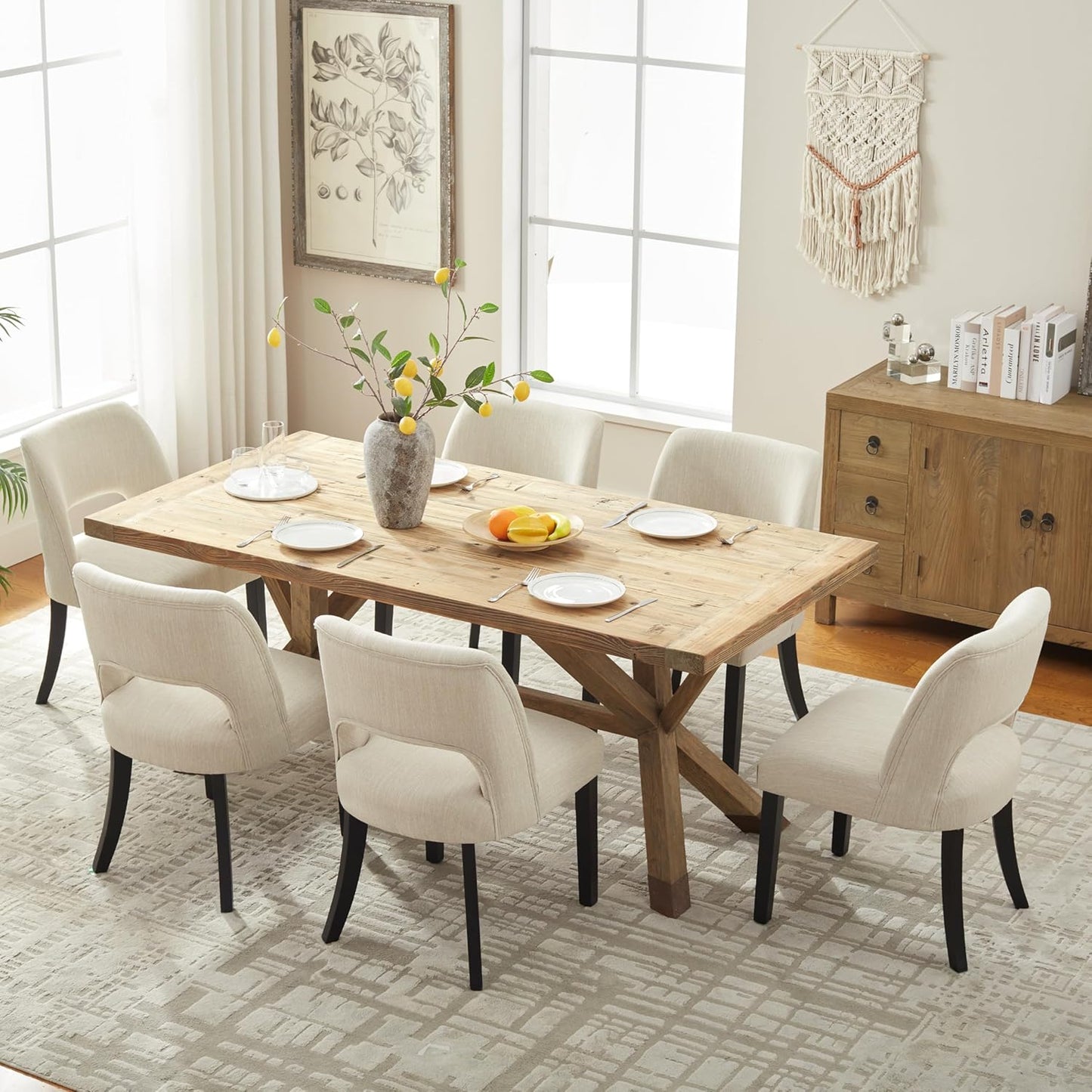 VKNOW Wooden Dining Chairs Set of 6, Modern Fabric Upholstered Dining Room Chair Kitchen Chairs, Farmhouse Dinner Chair for Kitchen Dining Room, Beige-Black Legs