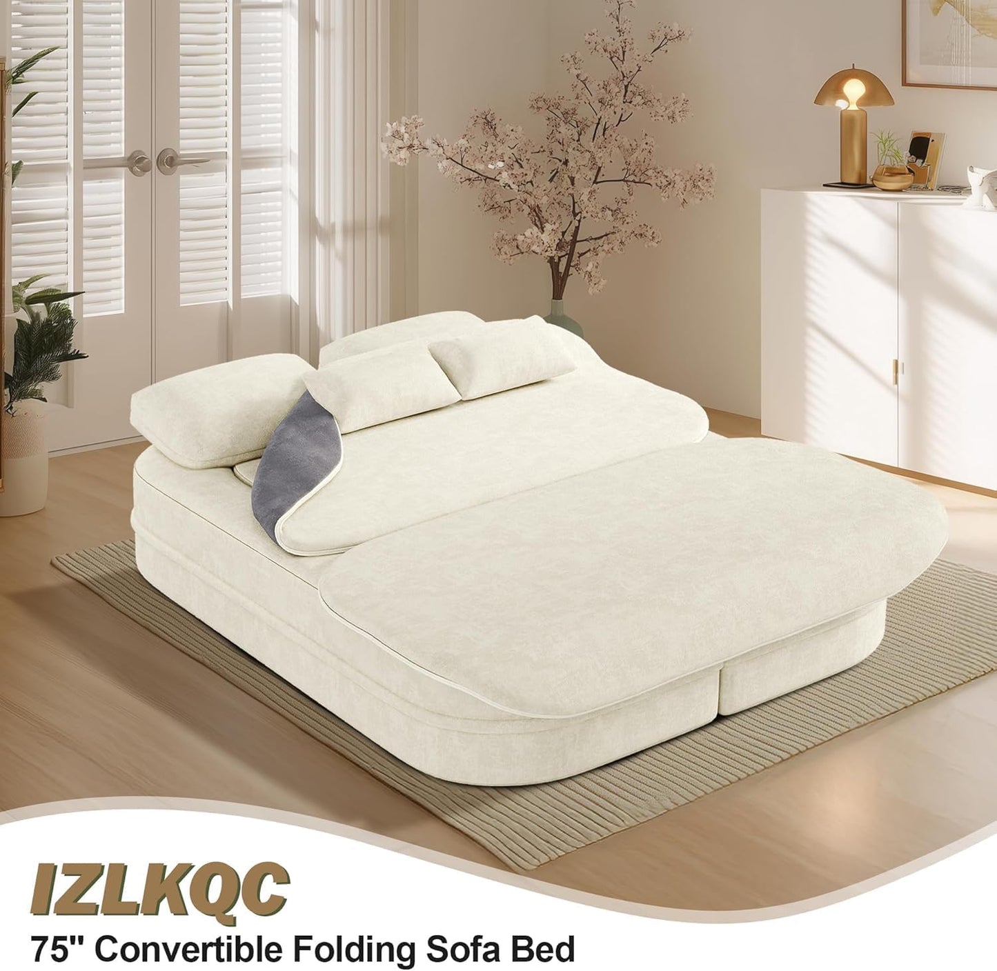 75'' Folding Sleeper Sofa Bed, Convertible Memory Foam Boneless Couch, Foldable Full Size Guest Bed, Modern 2-in-1 Futon Floor Sleeper Sofa with 4 Pillows and Blanket (Chenille, Beige1)