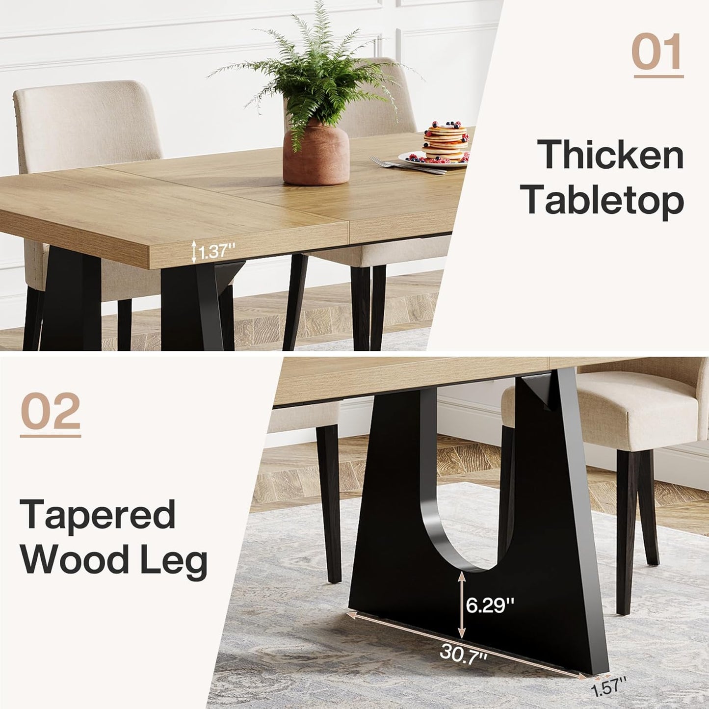 Tribesigns Large Dining Table for 6-8 People, 70.9-Inch Wood Rustic Rectangular Table with Black Wooden Legs, Farmhouse Center Kitchen Table for Dining Room, Living Room, Home Furniture, Oak and Black