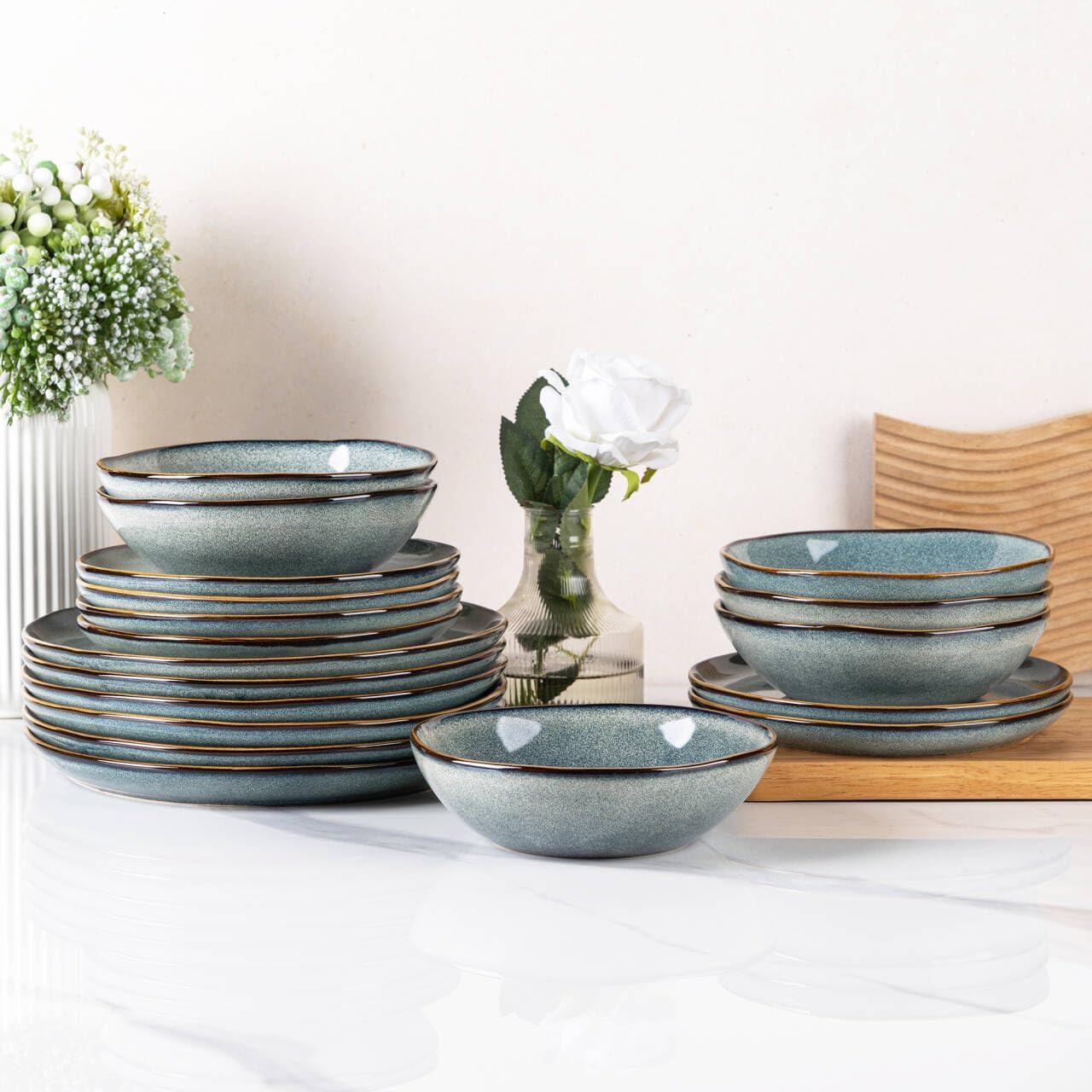 AmorArc Ceramic Dinnerware Sets,Handmade Reactive Glaze Stoneware Plates and Bowls Sets,Highly Scratch Resistant | Dishwasher & Microwave Safe Dishes Set,Service for 4 (12pc)