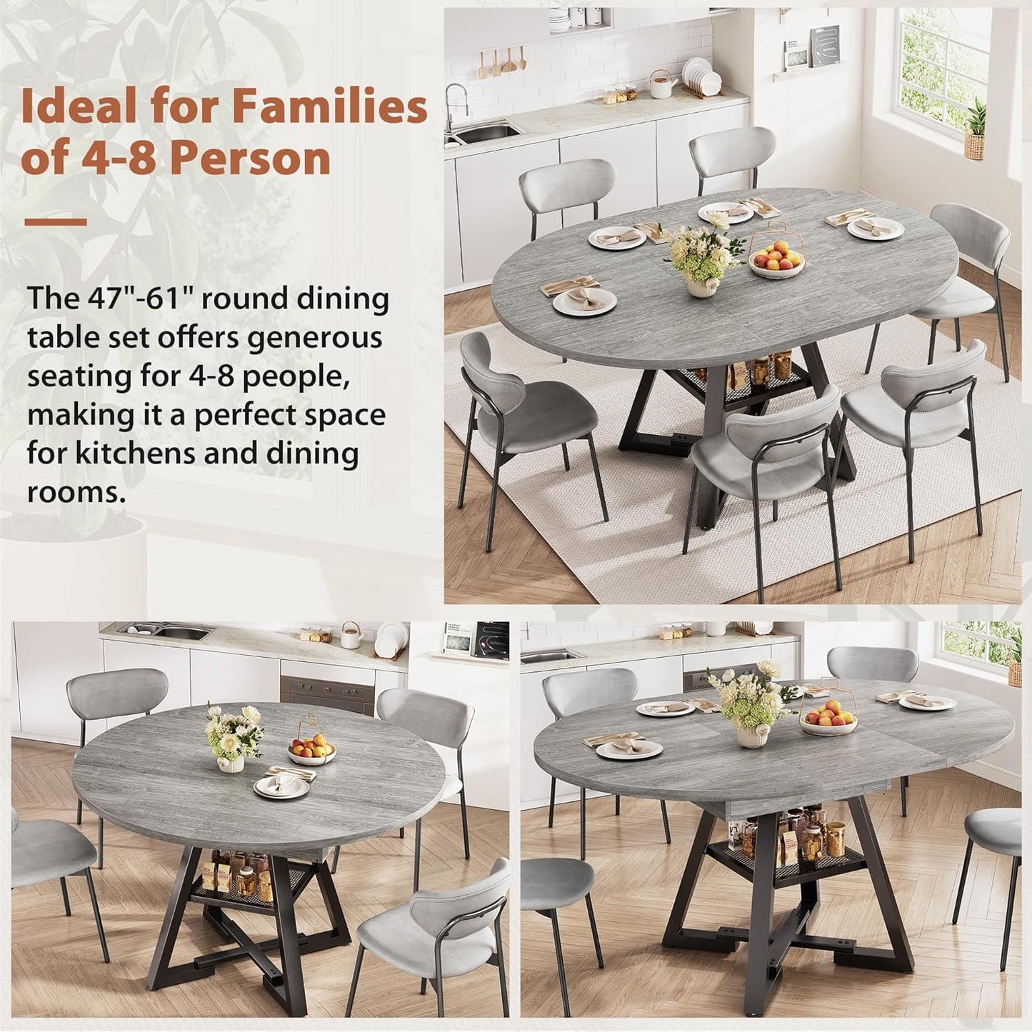 43''-57'' Extendable Round Dining Table for 4-6, Modern Industrial Kitchen Oval Dining Table with Removable Leaves, Space Saving Pedestal Base with Storage Shelf for Kitchen Living Room (Grey)