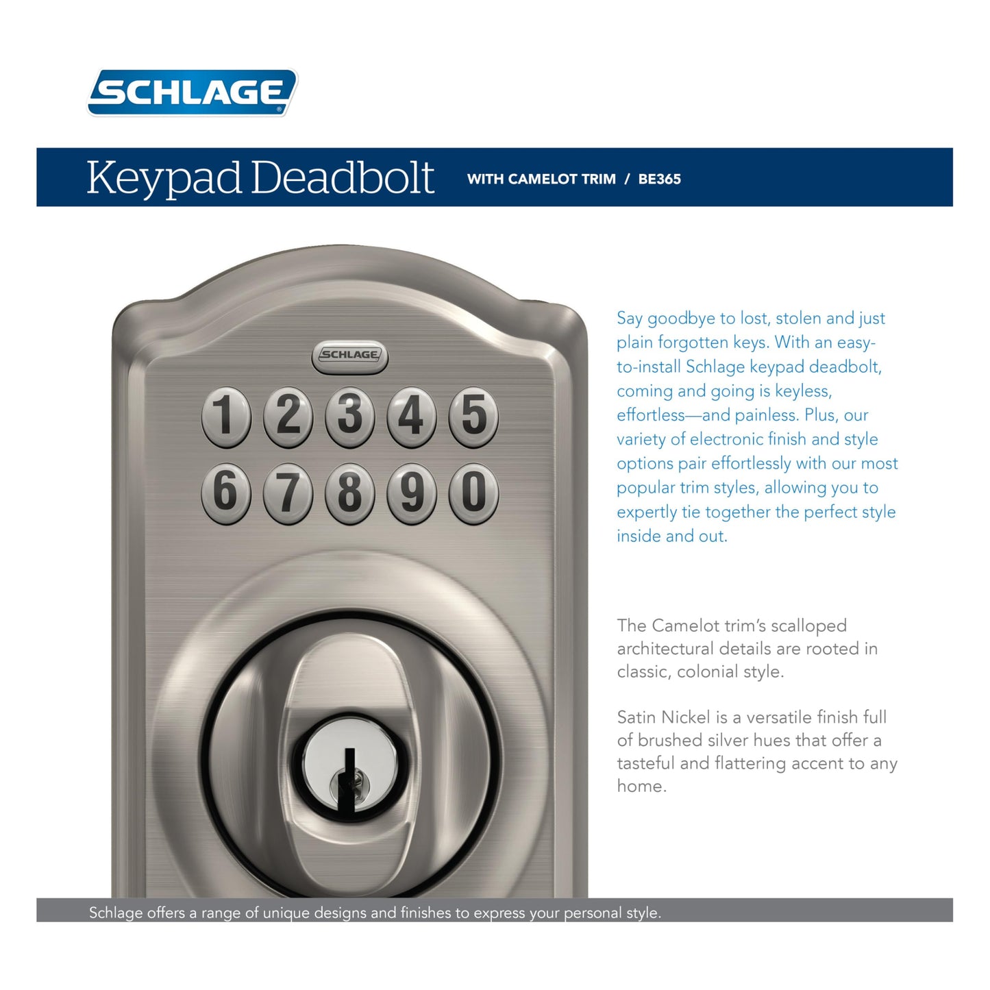 SCHLAGE Camelot Keypad Deadbolt Lock - Keyless Entry, Satin Nickel