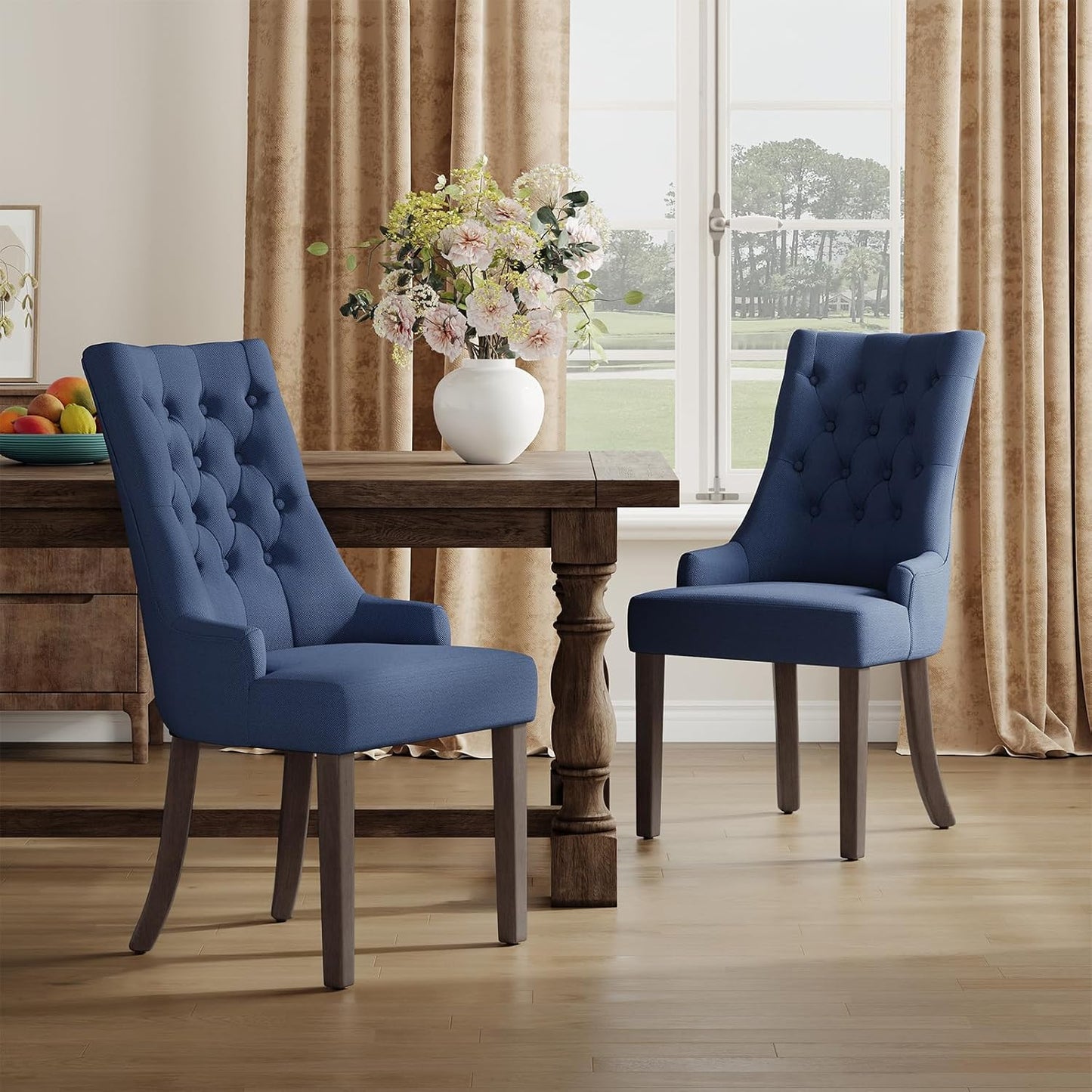 COLAMY Wingback Upholstered Side Dining Room Chairs Set of 6, Fabric Dining Chairs with Tufted Button, Living Room Chairs for Home Kitchen, Blue