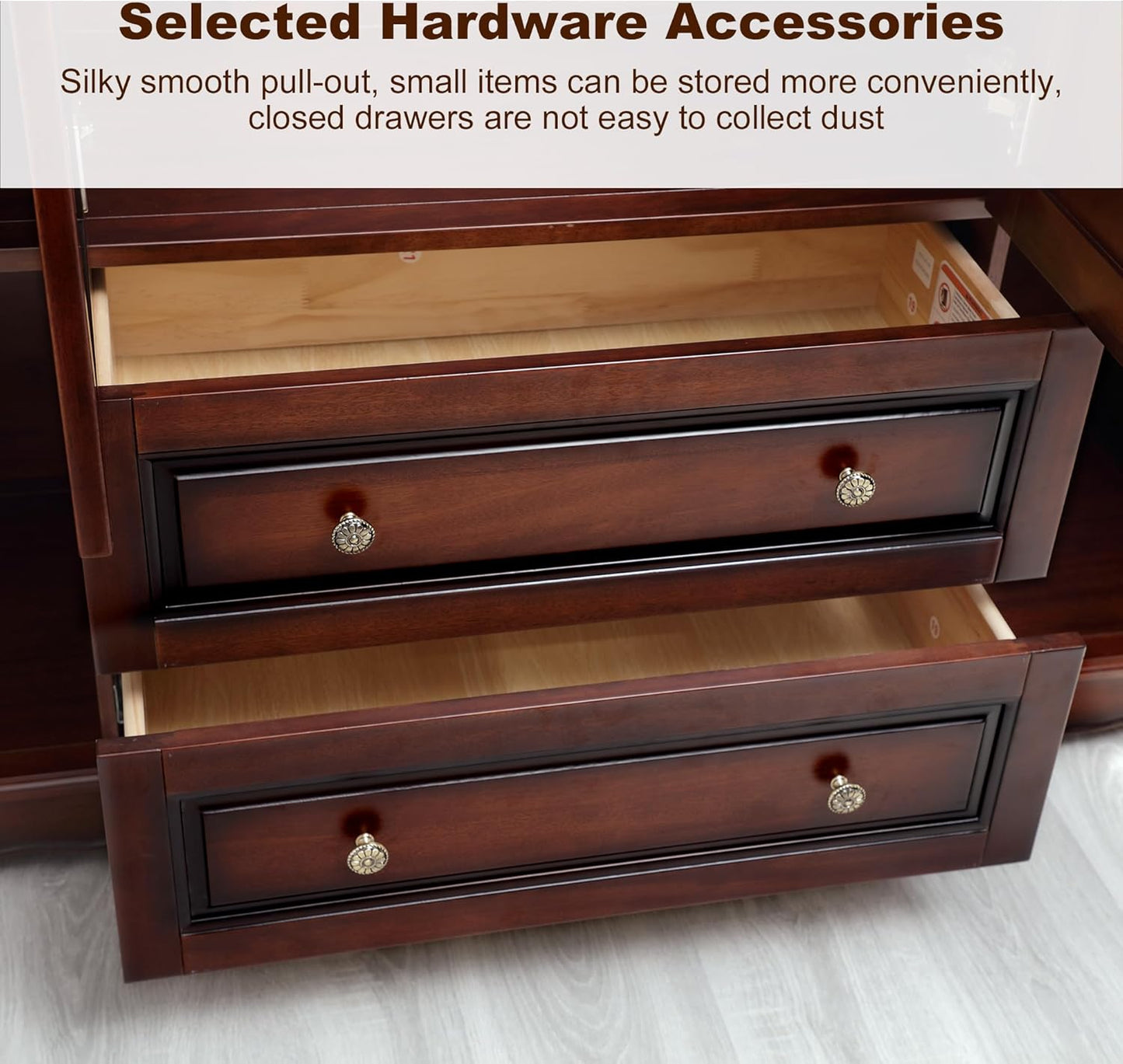 Solid Wood Armoire Wardrobe Closet with Cherry Finish, 61.42"W x 19.29"D x 70.87"H, Clothes Organizer with Shelves, Hanging Rods and 2 Drawers, American Style Freestanding Bedroom Storage