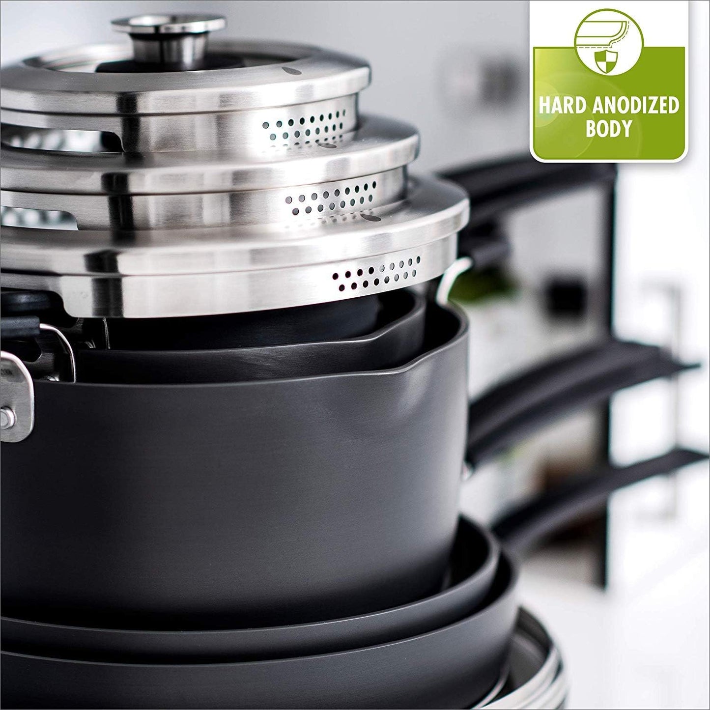 GreenPan Levels Stackable Hard Anodized Healthy Ceramic Nonstick 11 Piece Cookware Pots and Pans Set, PFAS-Free, Dishwasher Safe, Black