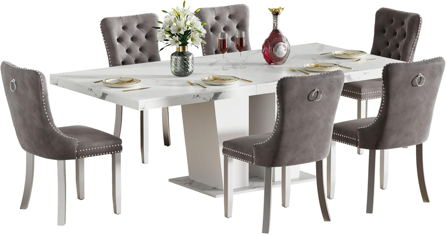 Henf 7 Pieces Faux Marble Dining Table Set for 6, 63"-79" Extendable Dining Room Table and 6 Grey Tufted Chairs Set for 6, Modern Large Expandable Kitchen Table with White Double Columns Base