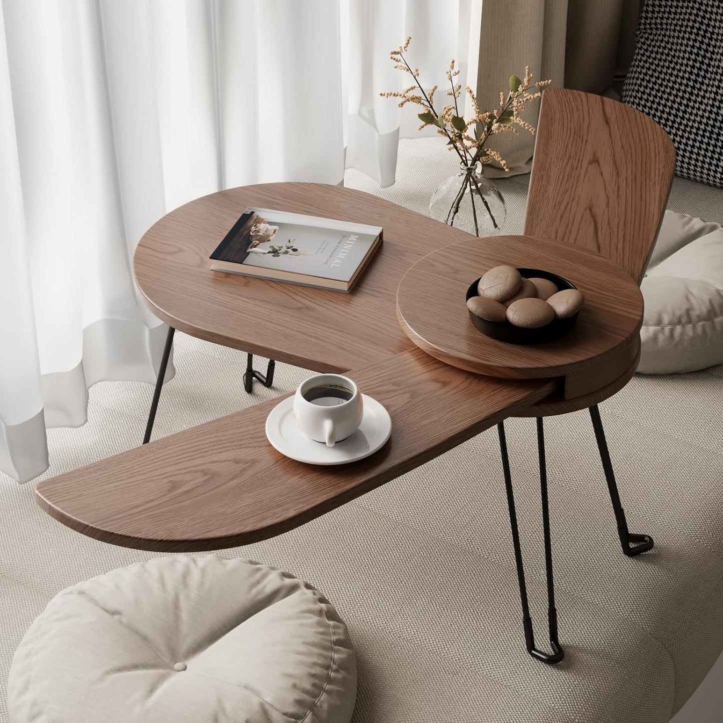 Muwuele Small Coffee Tables for Small Spaces, Solid Wood Accent Tables Living Room, Foldable Coffee Table Oval, Folding Floor Table, Low Table for Sitting on the Floor, Narrow Side Table Couch, Walnut