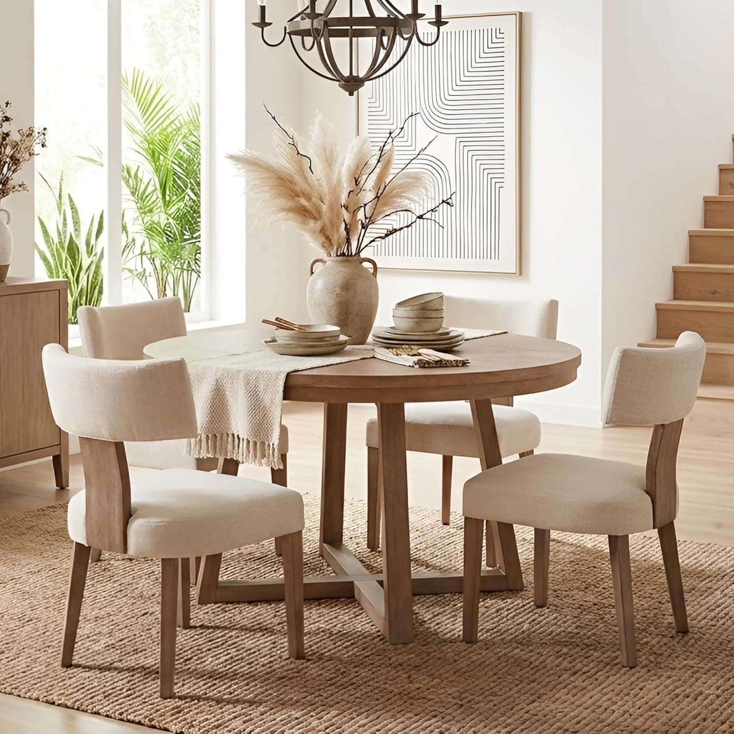 HNY Mid Century Modern Dining Chairs Set of 6, Farmhouse Linen Fabric Upholstered Accent Curved Backrest Kitchen Chairs, with Hardwood Frame, Beige, Linen