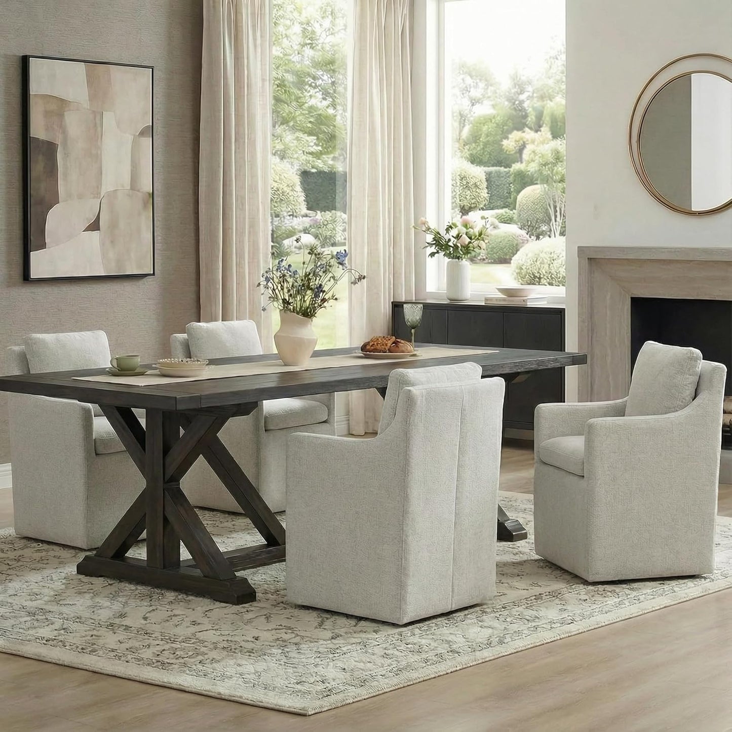 KISLOT Upholstered Dining Chairs with Casters, No Assembly Modern Accent Armchair with Rollers for Dining Room, Bedroom, Living Room, Reading Room, Already Assembled, Linen, 2 Box