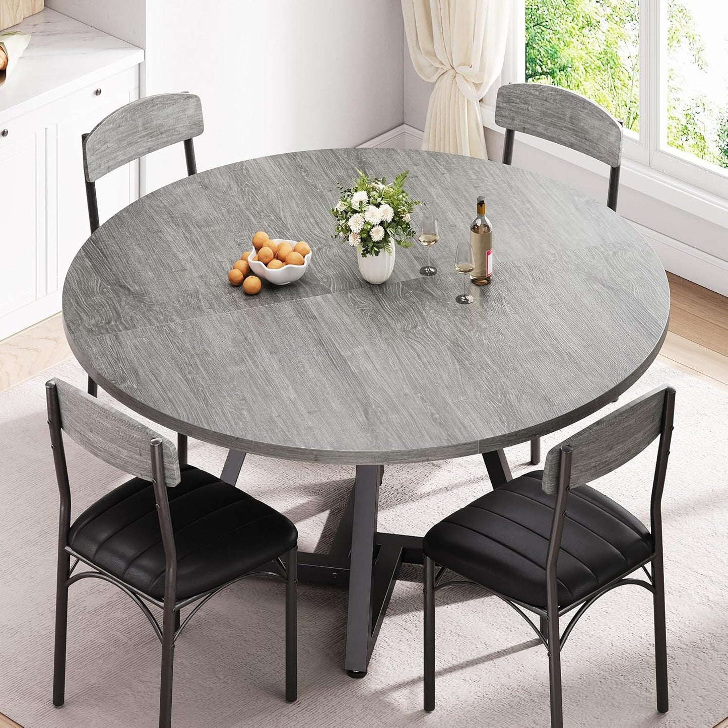 Jocoevol 51“ Round Kitchen Dining Room Table for 6-8, Circle Dining Dinner Table with Pedestal Metal Frame, Space Saving Wood Industrial Furniture for Small Space (Grey, 51In)