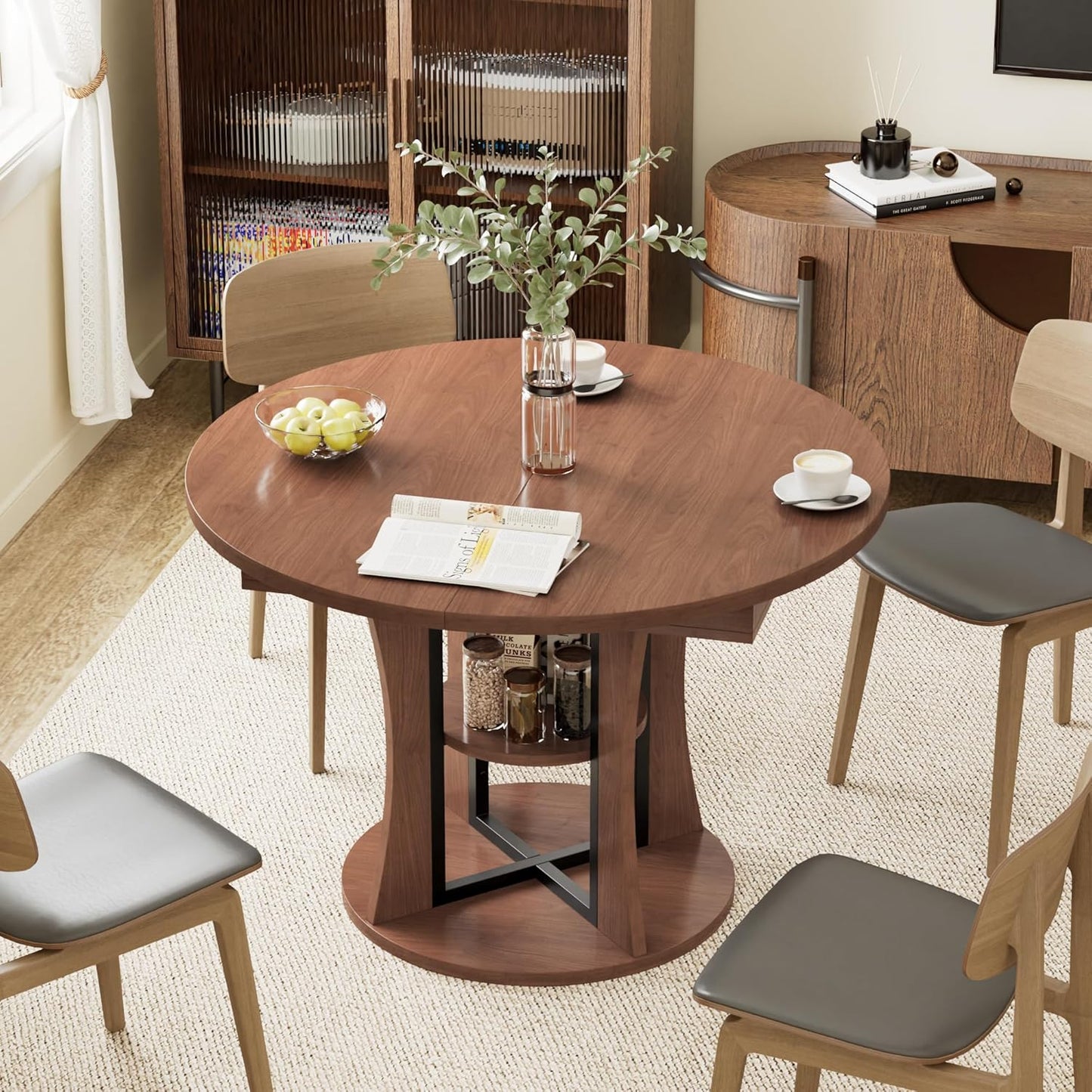 43.3''-59'' Extendable Round Dining Table for 4-8, Expandable Kitchen Table with Storage Shelf, Space Saving Circle Kitchen Table, Round Oval Dining Room Table for Living Room