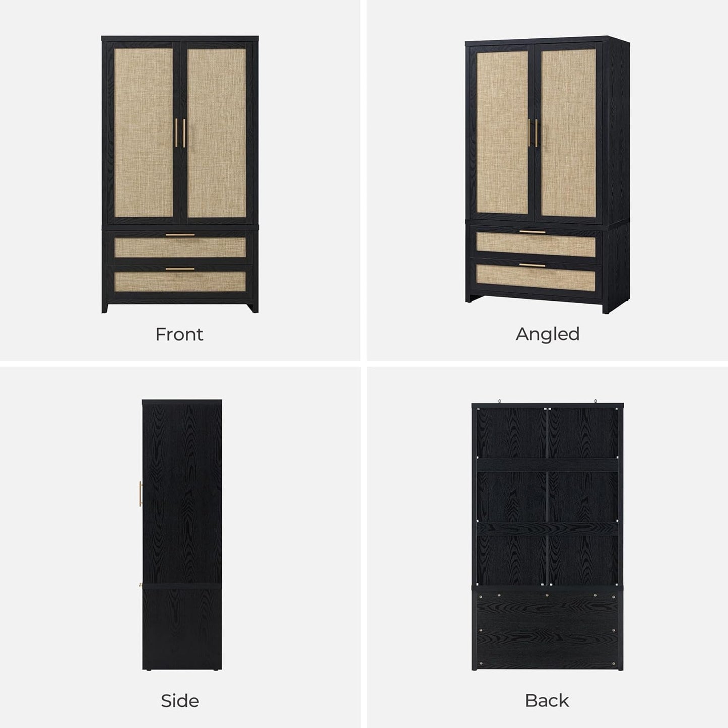 SICOTAS Larger Armoire Wardrobe Closet, 71" Tall Rattan Wardrobe Closet Cabinet with Storage and 2 Drawers, Boho Armoire Clothes Organizer with Hanging Rod for Bedroom, Black Oak (2 PCS)