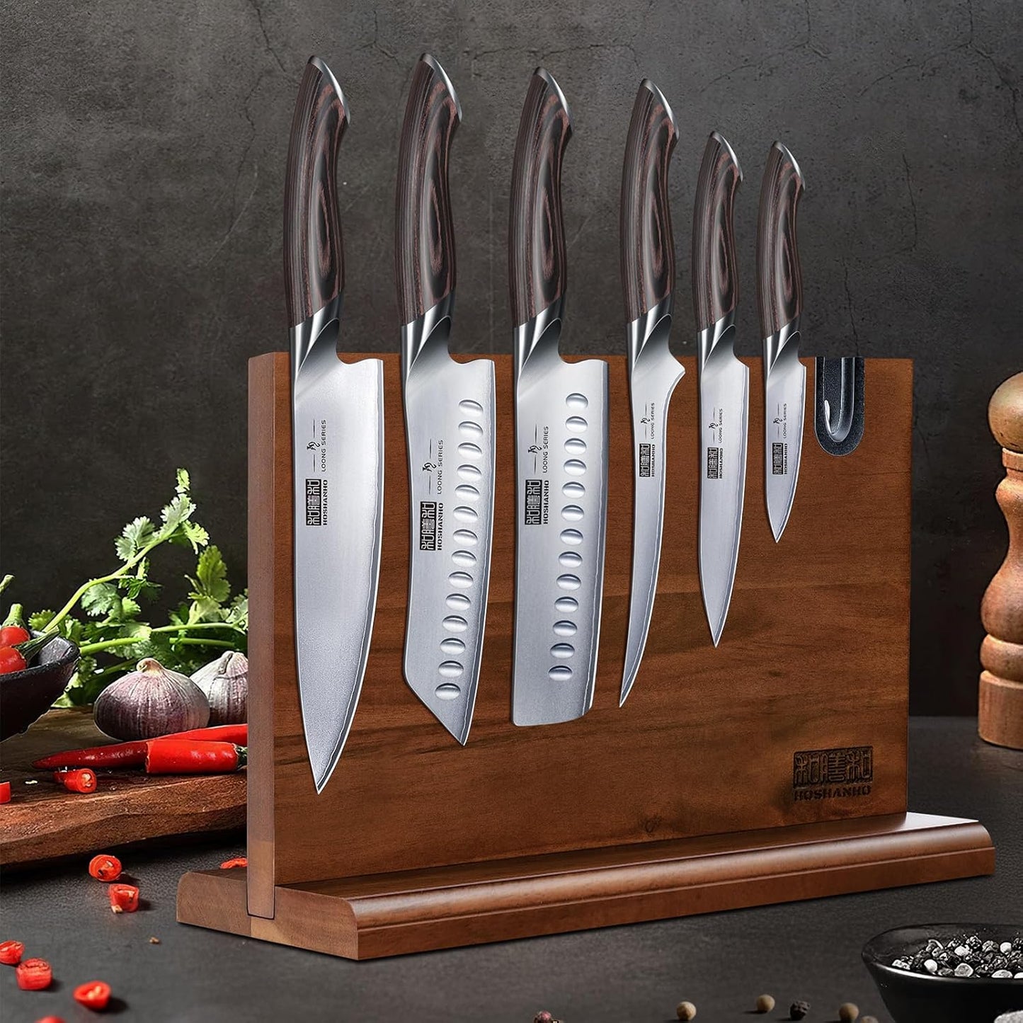 HOSHANHO 7 Pieces Kitchen Knife Set, Japanese High Carbon Stainless Steel Magnetic Knife Block Set, Ultra Sharp Chef Knives Sets with Ergonomic Pakkawood Handle
