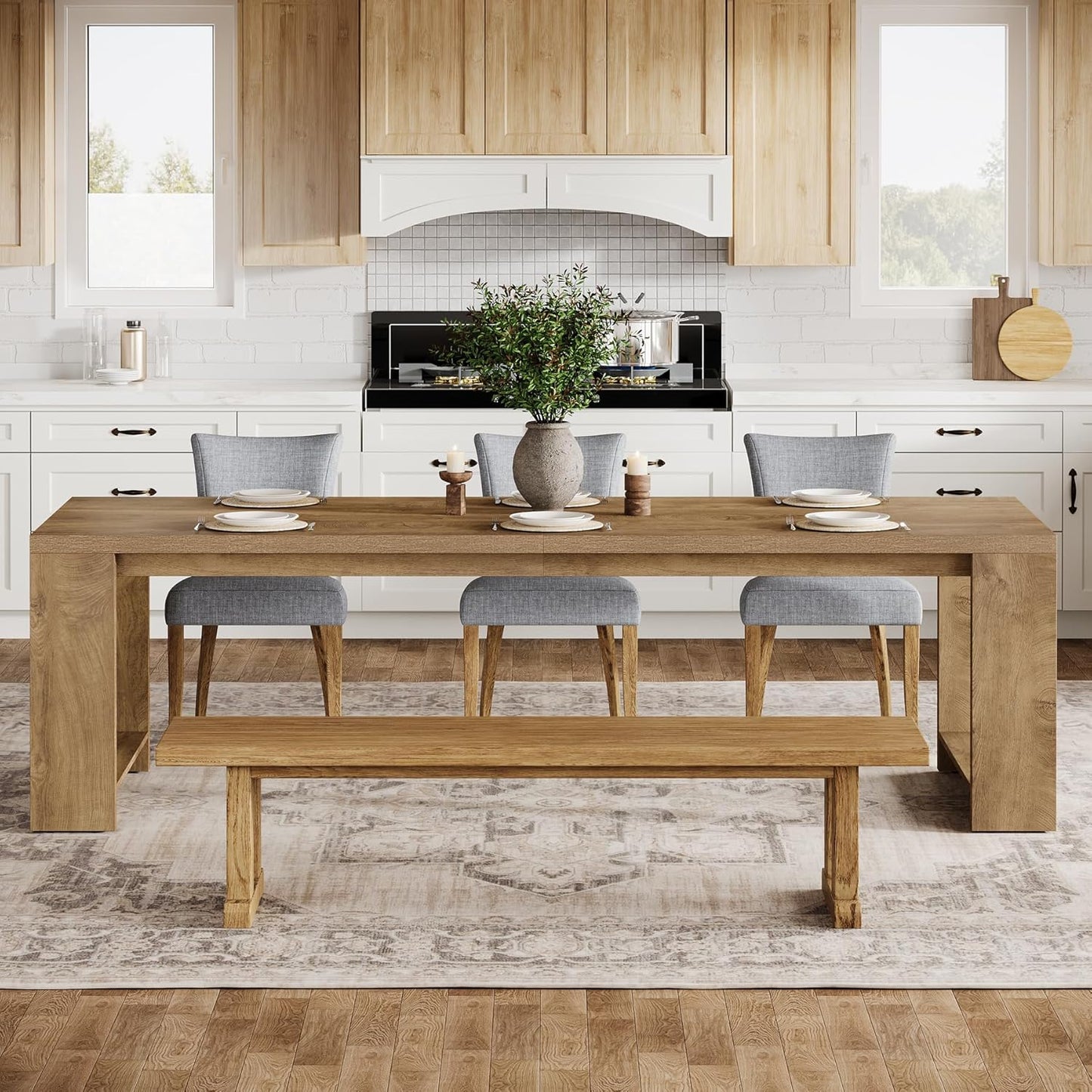 Tribesigns 86.61-Inch Dining Table for 6 People, Modern Narrow Long Kitchen Table with Pedestal Base, Farmhouse Extra Long Rectangular Dining Room Furniture, 27.56 x 86.61 x 29.53 Inches, Oak