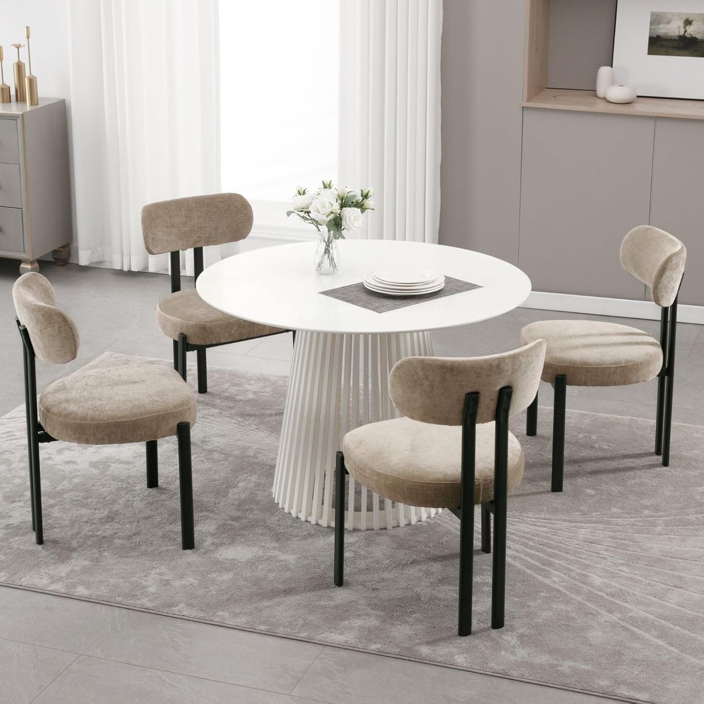 LukeAlon Chenille Dining Chairs Set of 6, Modern Curved Back Armless Kitchen Chairs with Black Metal Legs Upholstered Dining Room Chairs Reception Chairs for Living Room Office Restaurant, Khaki