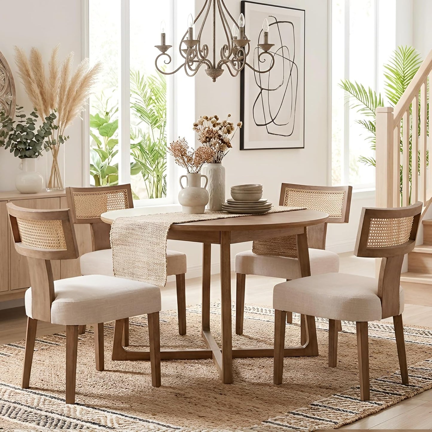 HNY Mid Century Modern Rattan Dining Chairs Set of 2, Farmhouse Linen Upholstered Accent Chair Curved Backrest Kitchen Chairs, with Hardwood Frame, Beige