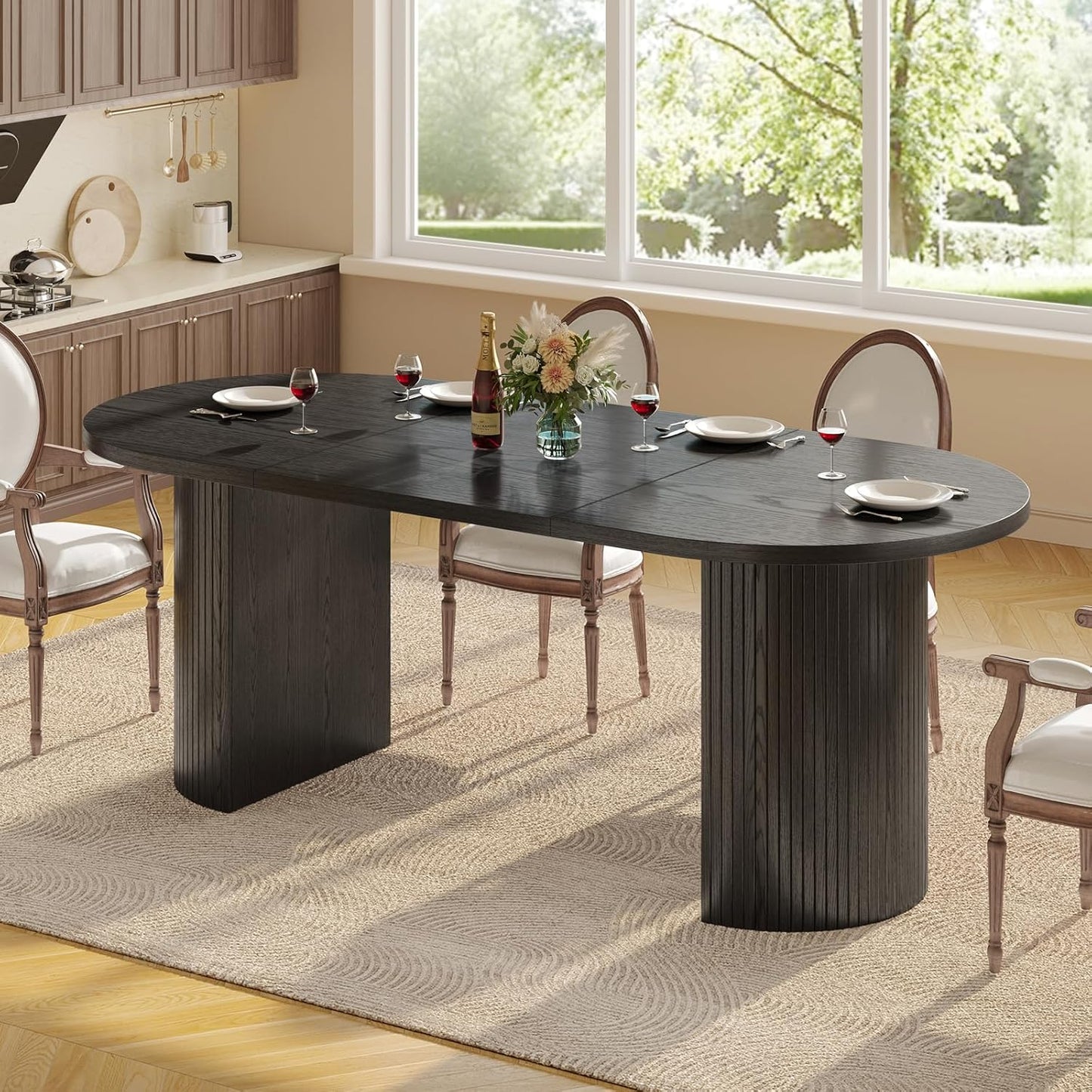 ONBRILL 70.8 Inch Dining Table for 4-6, Oval Dining Room Table with Curved Fluted Wood Strip Base, Mid-Century Modern Kitchen Tables with Footpads, Dinner Tables for Living Room, Dining Room, Black