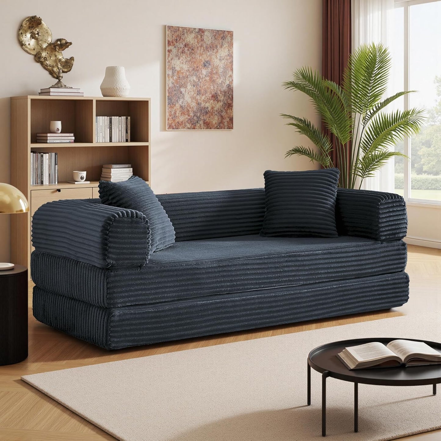 Boneless Couch Versatile Couches for Living Room No-Install Sofa Bed Corduroy Futon Soft Cloud Couch with Pillows for Bedroom Game Movie (Dark Gray, 76")